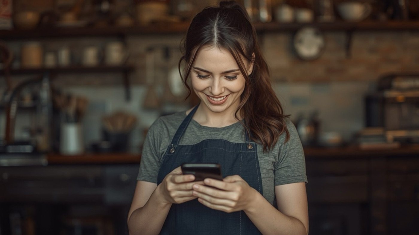 A Toronto café owner behind the counter, smiling at a phone