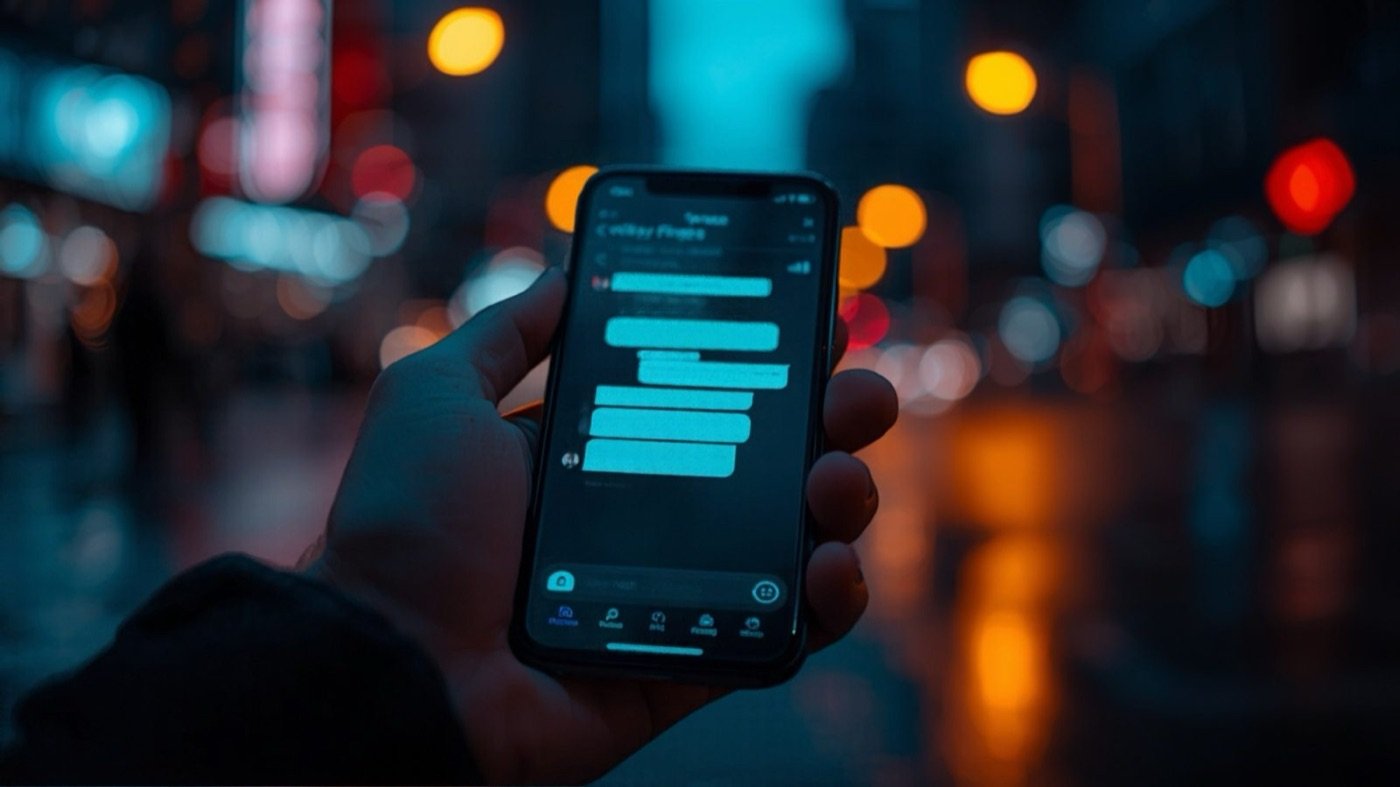 Someone asking an AI assistant on their phone on a Toronto street at dusk