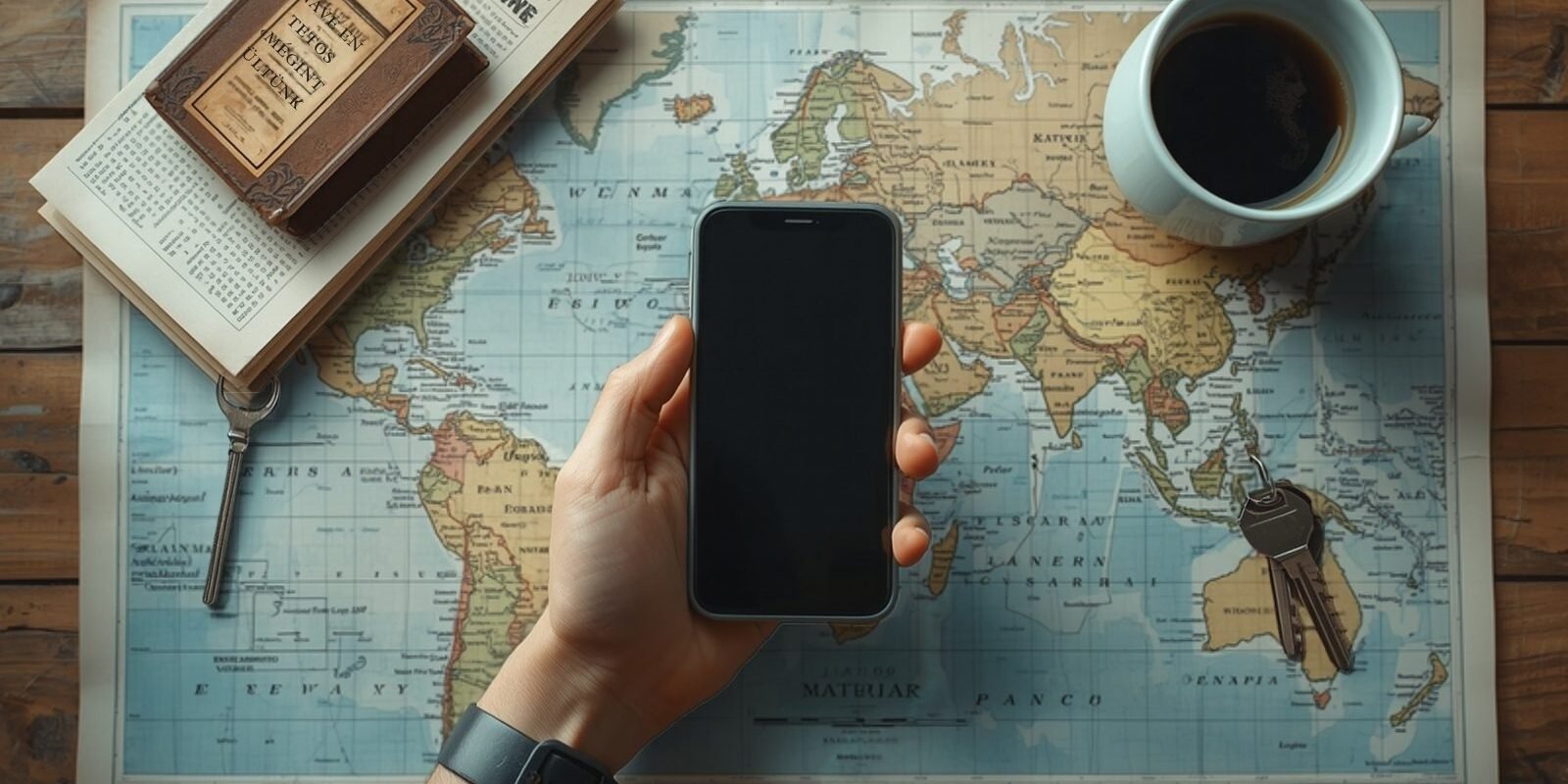 A hand holding a smartphone over a paper map, with coffee and keys on a wooden table