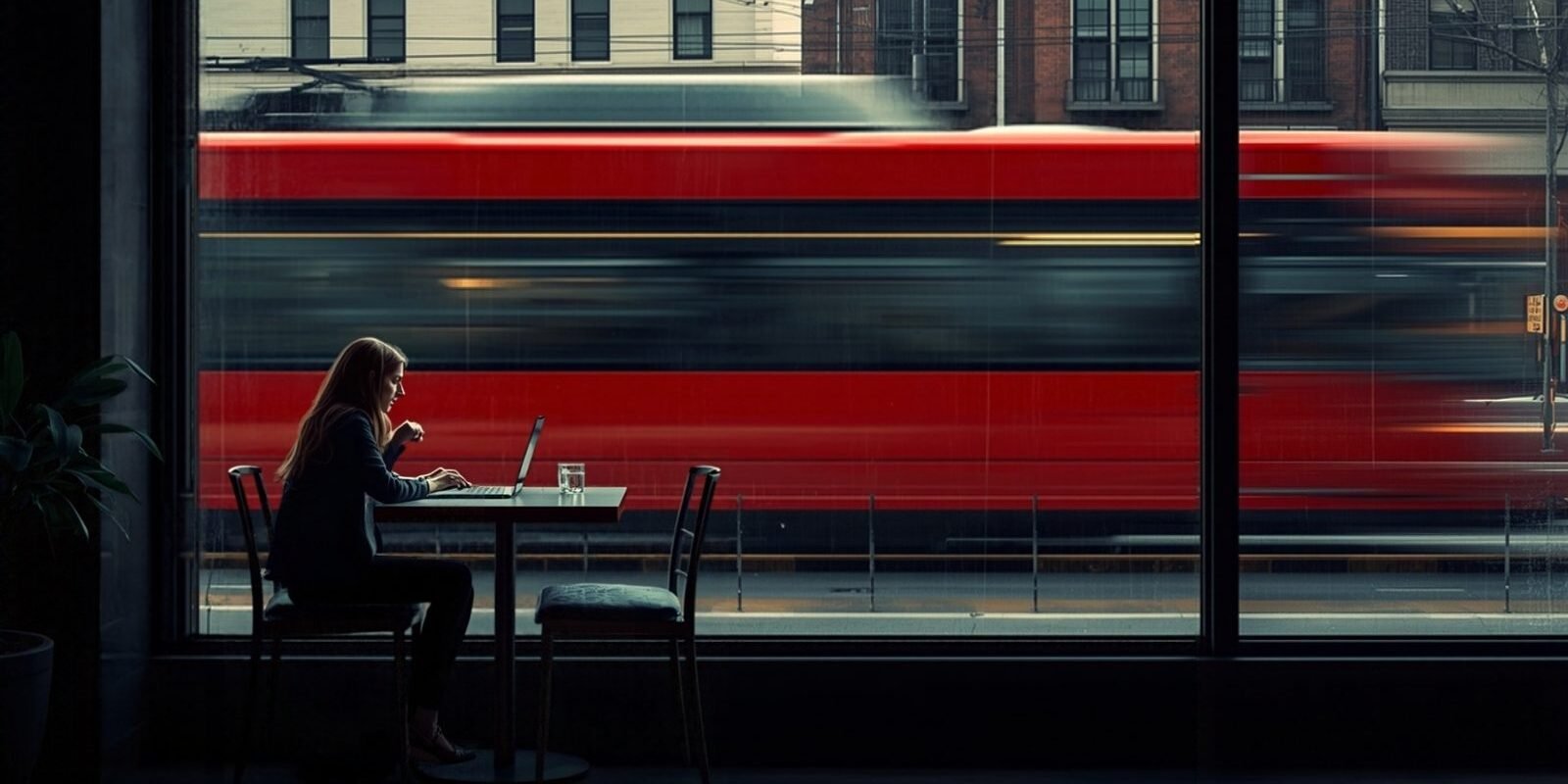 A person on a laptop in a café window as a red Toronto streetcar passes