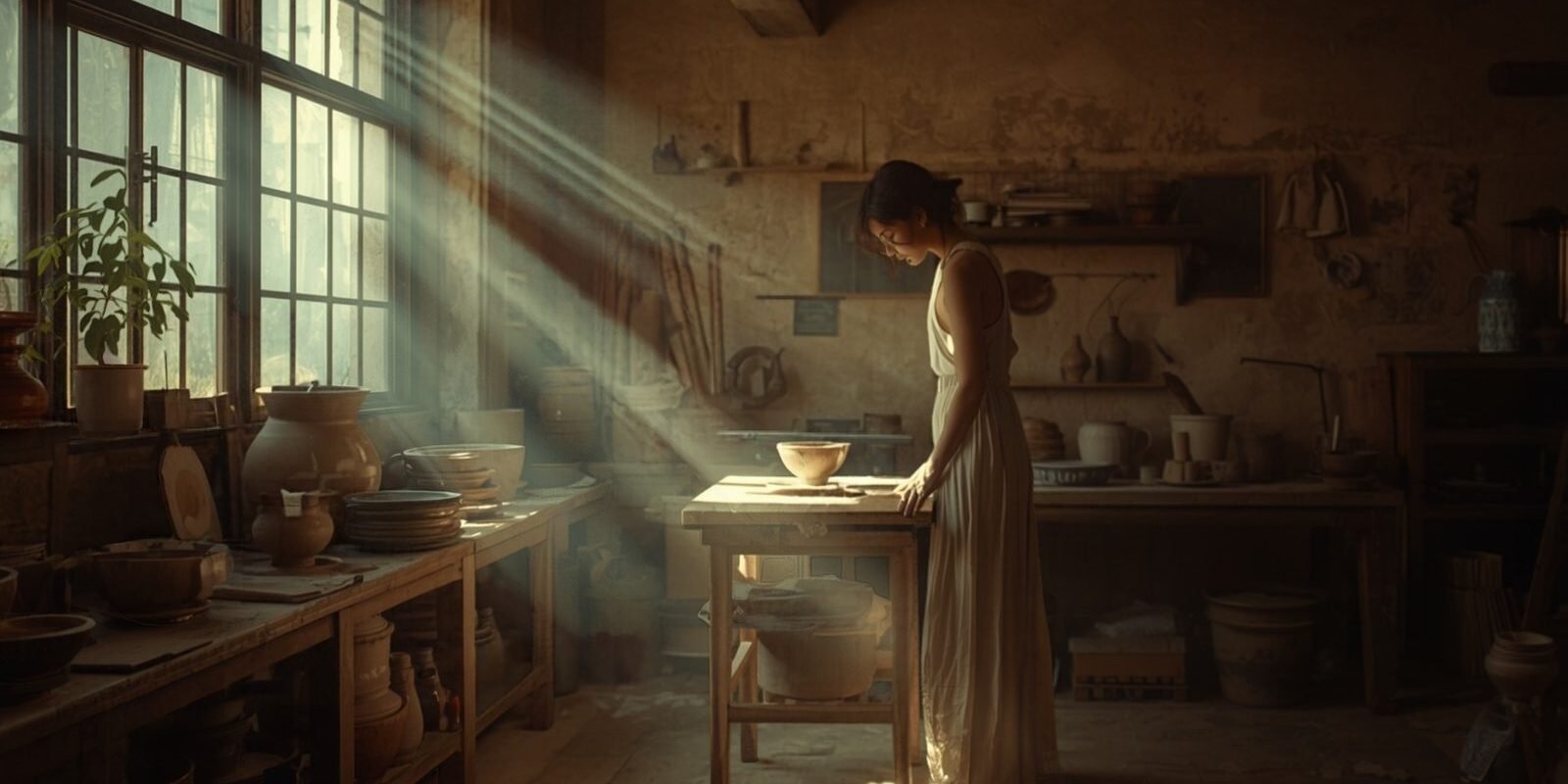 A small-business owner working in a sunlit pottery studio