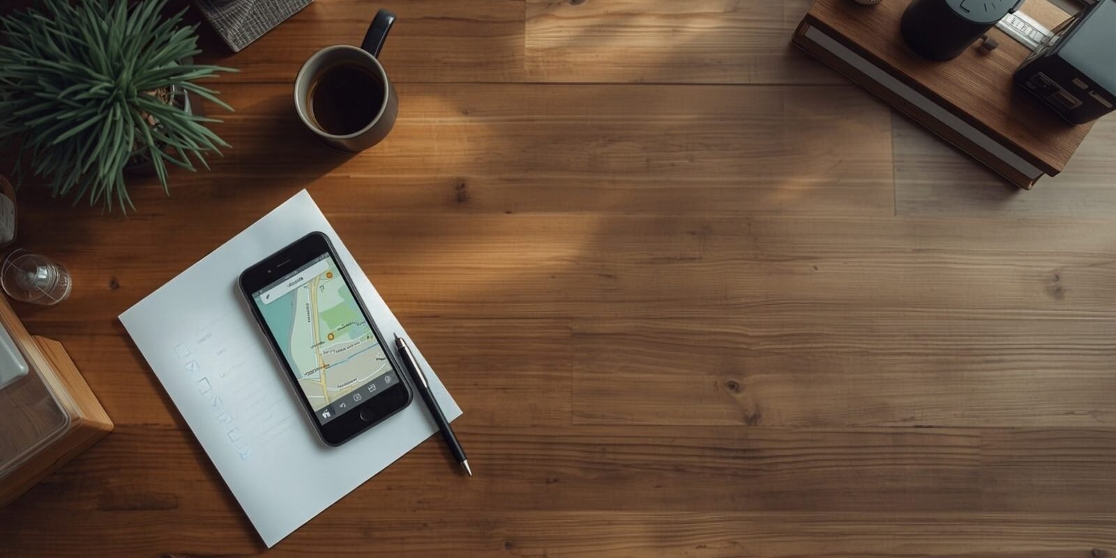 Overhead view of a desk with a phone showing a map, a paper checklist and a coffee