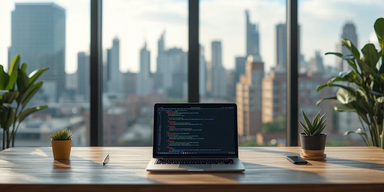 A laptop showing code on a desk in a bright office overlooking the city
