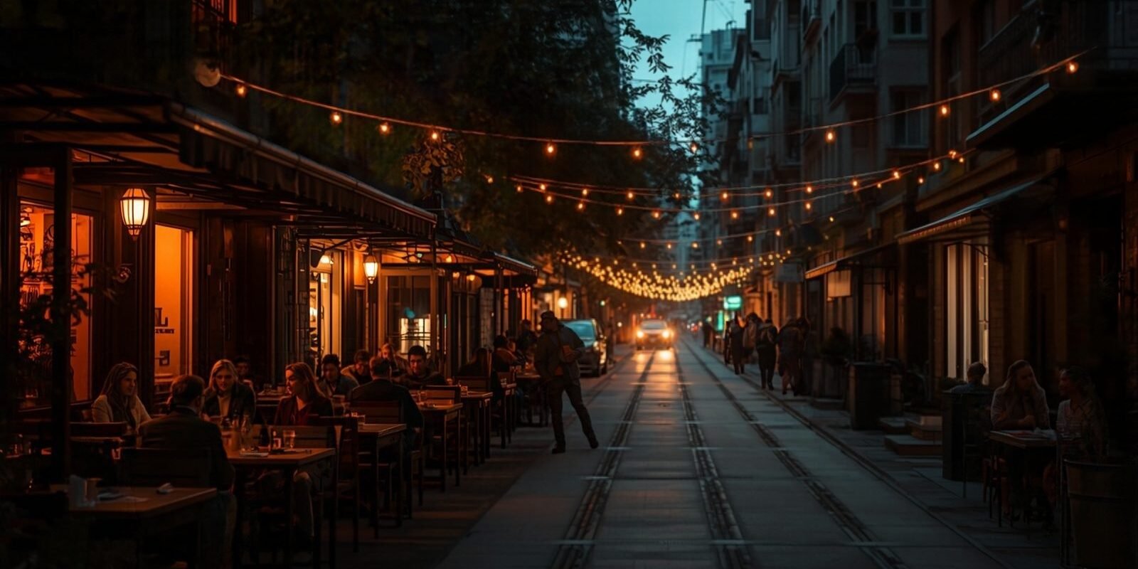 A busy café patio at dusk under string lights on a city street